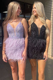 Lavender Sequin Feather Short Homecoming Dress