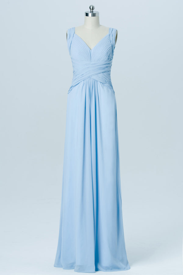 Light Blue Chiffon V-Neck Banded Waist Bridesmaid Dress