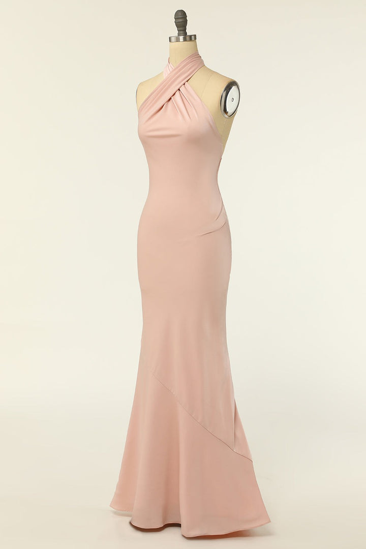 Blush Chiffon Cross-Front Backless Long Bridesmaid Dress