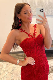 Red Halter Flower Straps Appliques Mermaid Long Prom Dress