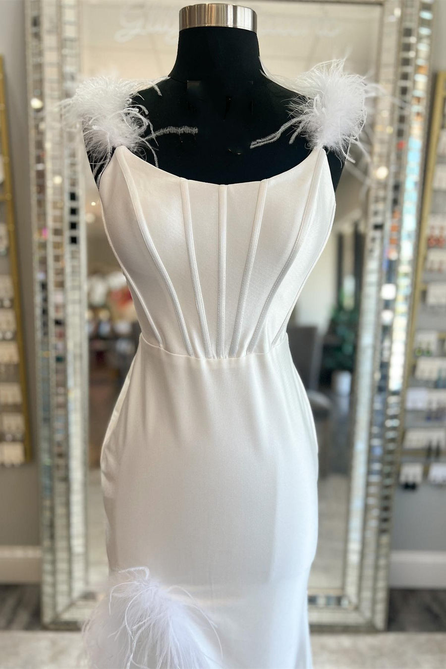 White Feather Round Neck Mermaid Long Formal Dress with Slit