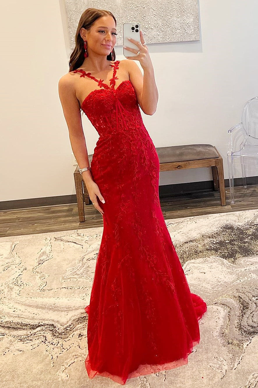 red halter mermaid prom dress Mermaid Halter Sequins Long Prom Dress with Silt, Burgundy / 8