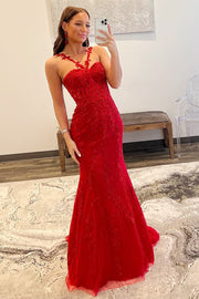 Red Halter Flower Straps Appliques Mermaid Long Prom Dress