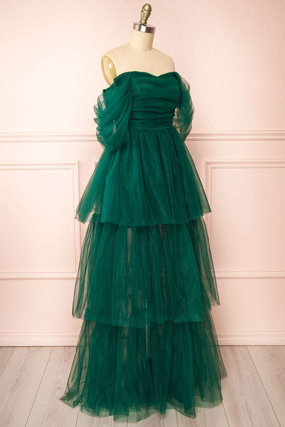 Green Tulle Off-the-Shoulder A-Line Tiered Prom Dress