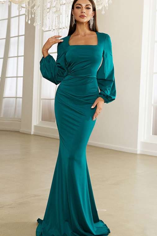 Green Square Neck Long Sleeve Mermaid Formal Gown – Modsele