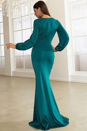 Green Square Neck Long Sleeve Mermaid Formal Gown