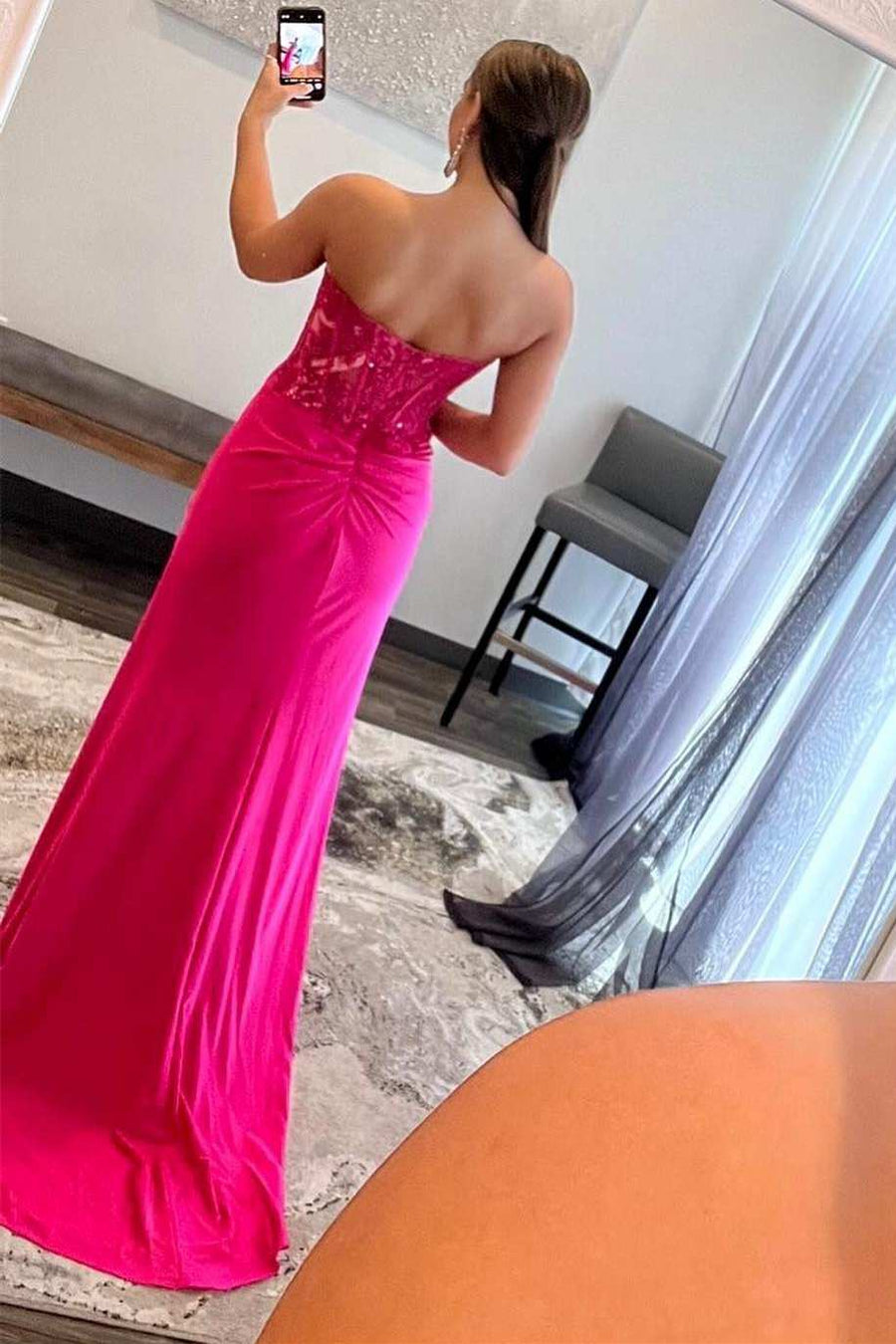 Barbie Pink Lace Strapless Sheath Dress with Slit Modsele Barbie Pink Lace Strapless Sheath Dress with Slit Modsele