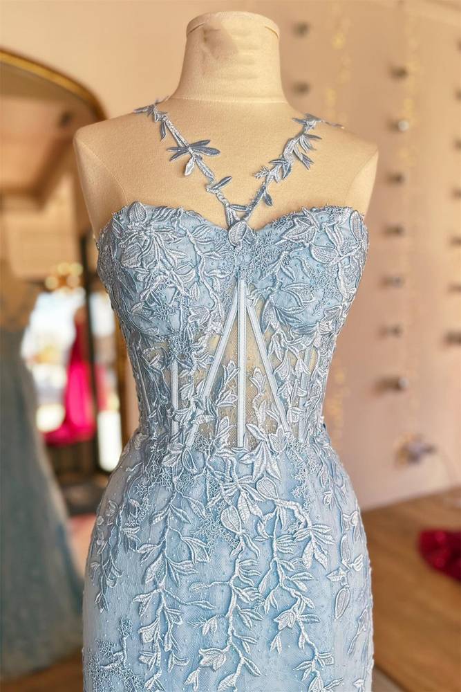 Light Blue Halter Flower Straps Appliques Mermaid Long Prom Dress