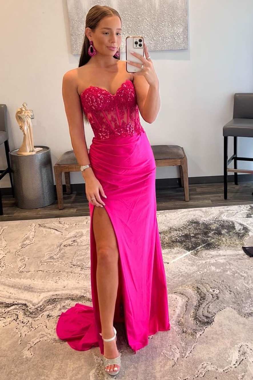 Barbie Pink Lace Strapless Sheath Dress with Slit Modsele Barbie Pink Lace Strapless Sheath Dress with Slit Modsele