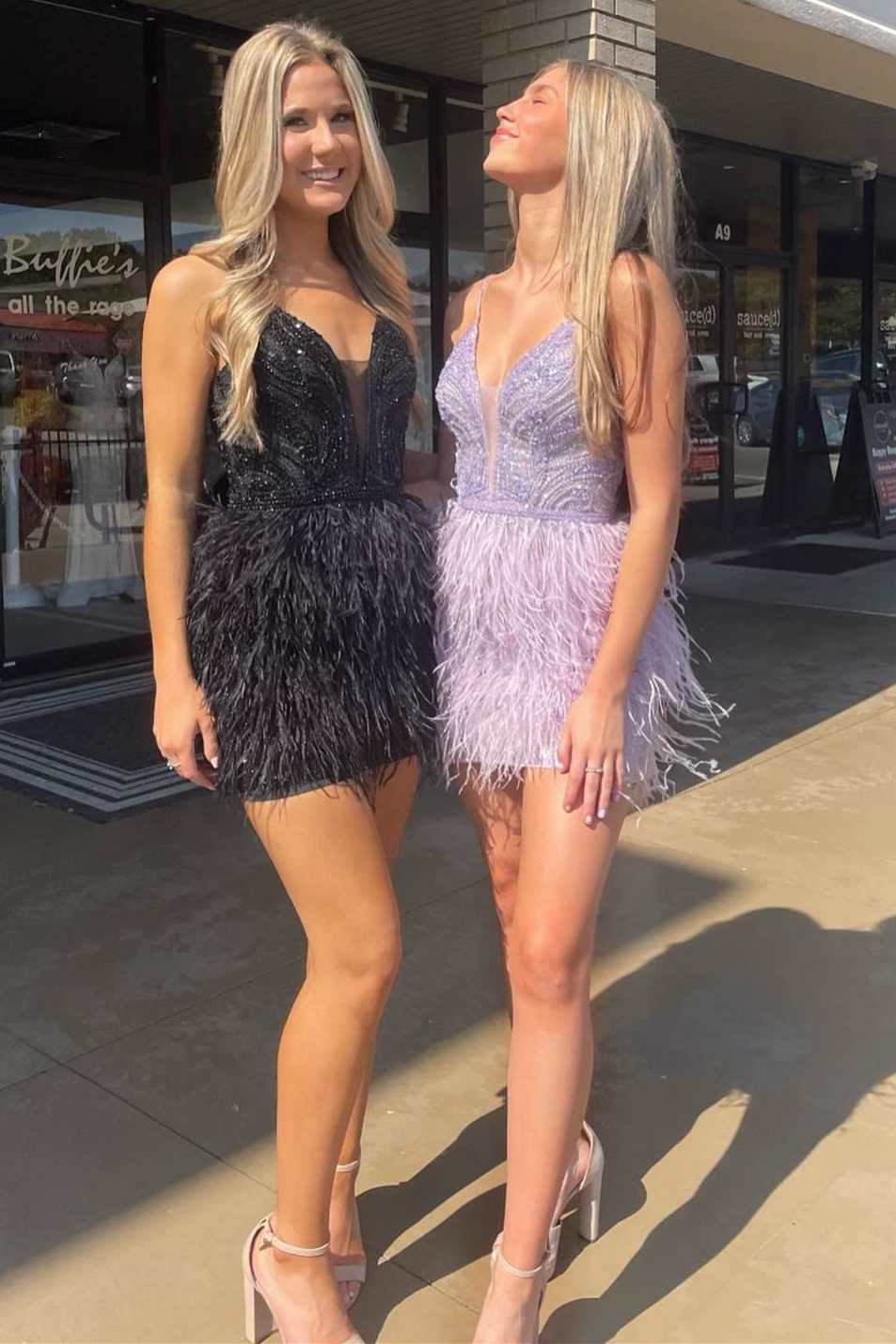 Lavender Sequin Feather Short Homecoming Dress