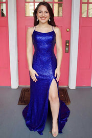 Royal Blue Sequin Scoop Neck Lace-Up Back Long Prom Dress