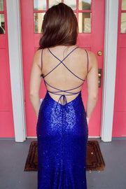 Royal Blue Sequin Scoop Neck Lace-Up Back Long Prom Dress