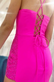 Hot Pink Beaded Cowl Neck Lace-Up Long Formal Dress with Slit