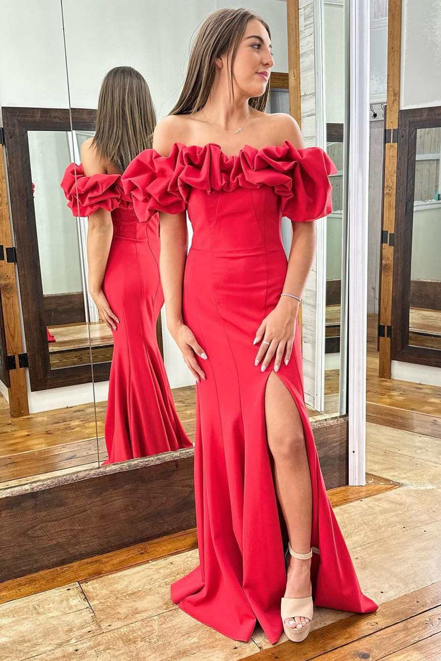 Red Ruffles Off-the-Shoulder Mermaid Long Formal Dress with Slit