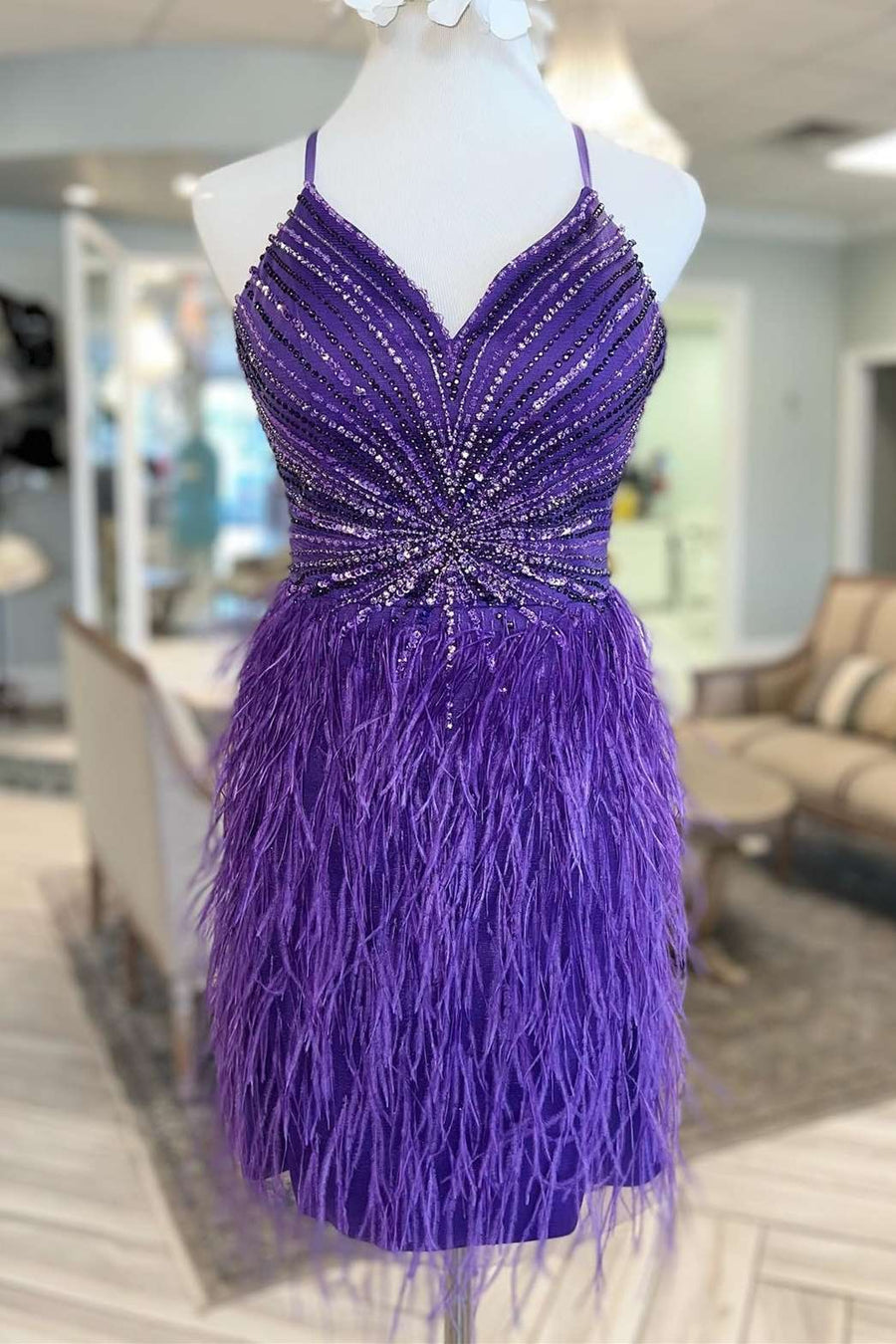Purple Beaded Feather Lace-Up Back Short Homecoming Dress