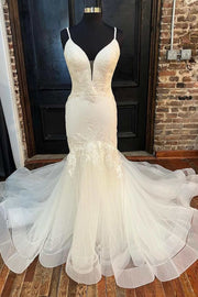 White Tulle Floral Lace Trumpet Long Wedding Dress