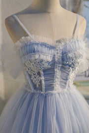 Dreamy Sky Blue Spaghetti Straps Bow-Back Short Party Dress