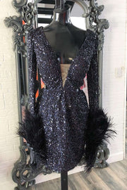 Black Sequin Plunge Neck Long Sleeve Short Homecoming Dress