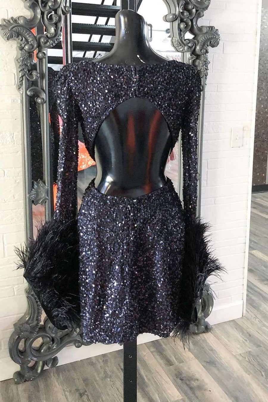 Black Sequin Plunge Neck Long Sleeve Short Homecoming Dress