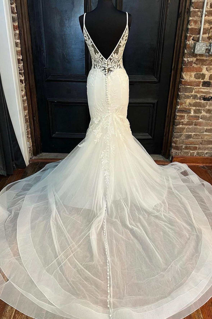 White Tulle Floral Lace Trumpet Long Wedding Dress