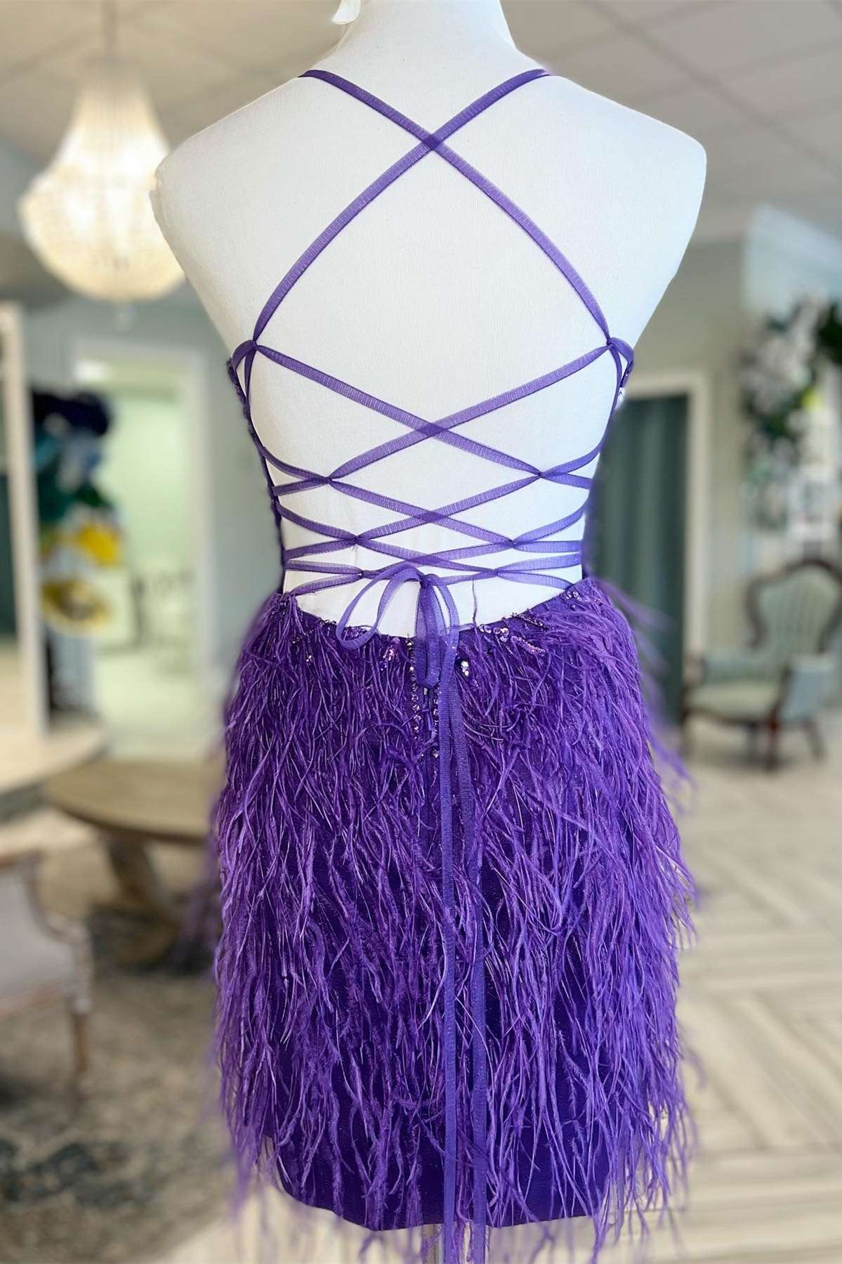 Purple Beaded Feather Lace-Up Back Short Homecoming Dress
