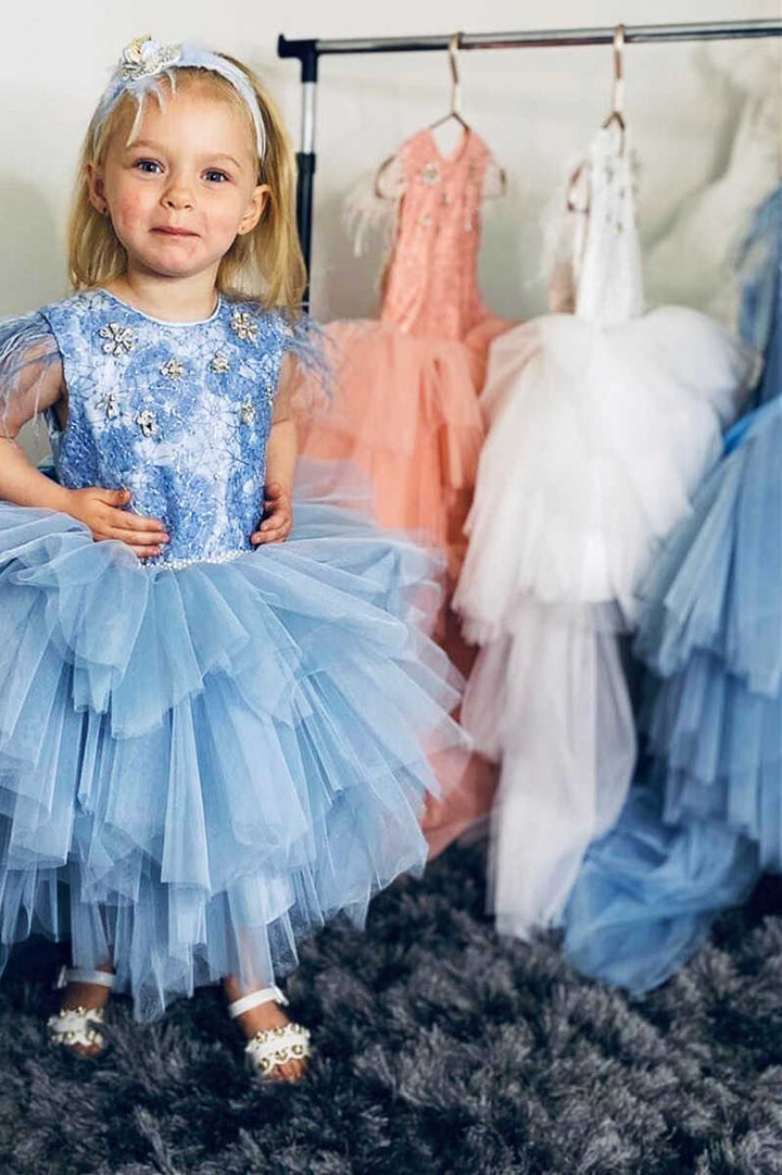 Multi-Tiered White feather Sleeveless Girl Party Dress