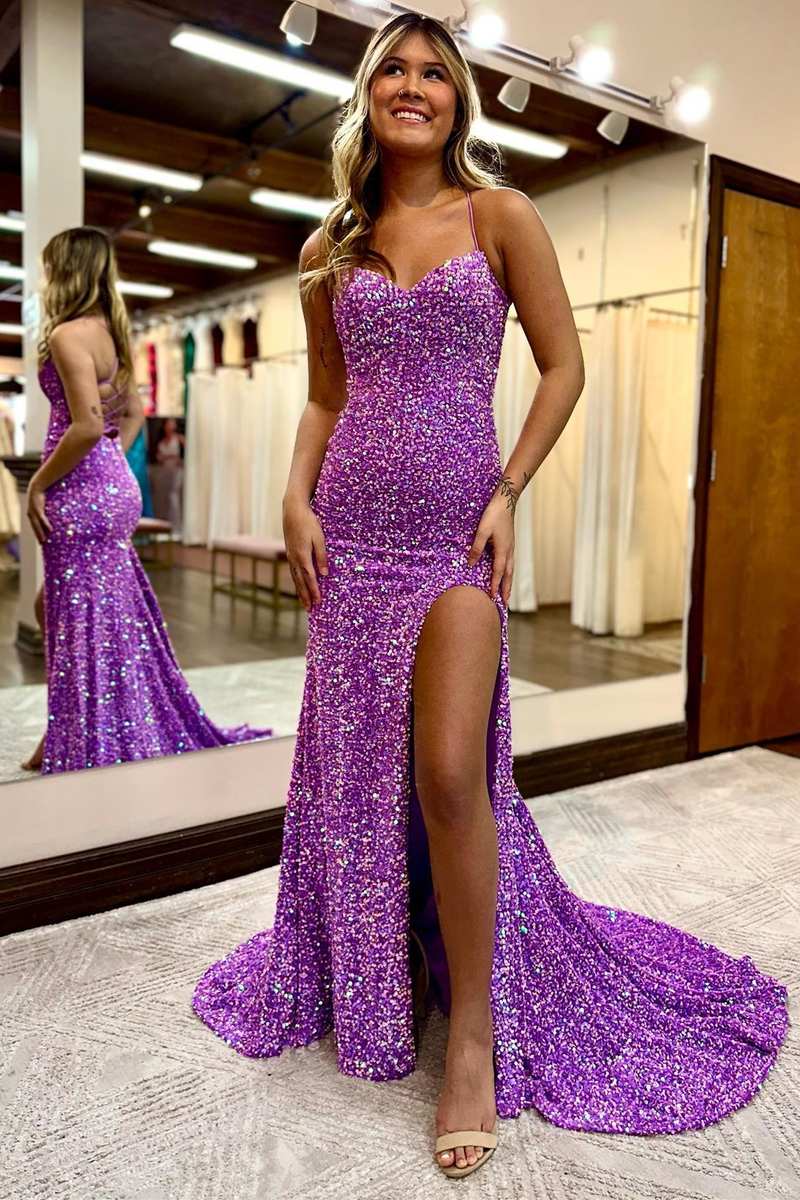 Purple Sequin Sweetheart Lace-Up Mermaid Long Prom Dress with Slit