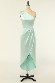 Mint Green Satin One-Shoulder Bridesmaid Dress
