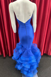 Royal Blue Halter Tiered Trumpet Long Formal Dress with Ruffles