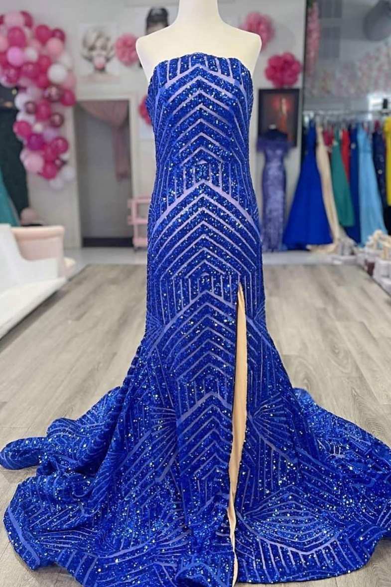 Royal Blue Sequin Strapless Mermaid Long Prom Dress with Slit