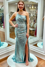 Tiffany Blue One-Shoulder Ruched Long Prom Dress