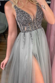 Grey Tulle Beaded Rhinestone Backless Prom Dress