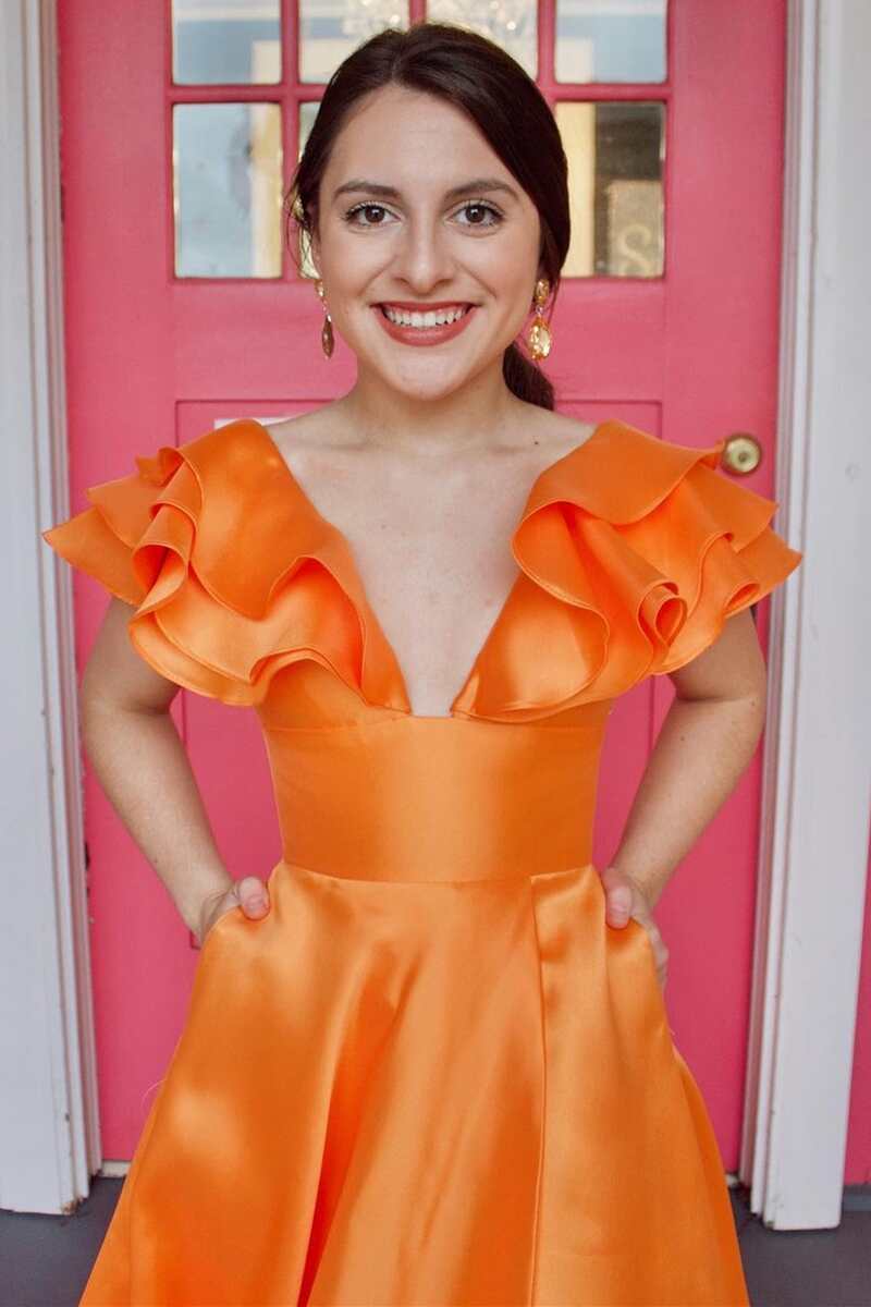 A Line Orange V-Neck Ruffled Sleeve Empire Long Prom Dress