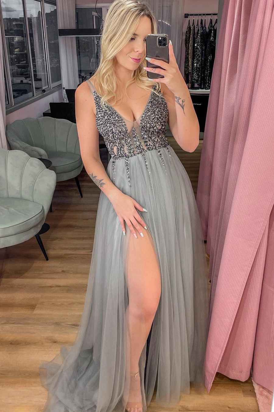 Grey Tulle Beaded Rhinestone Backless Prom Dress