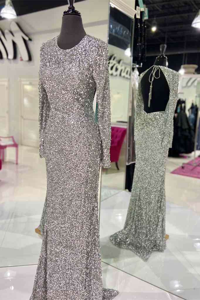 Silver Sequin Backless Long Sleeve Prom Dress