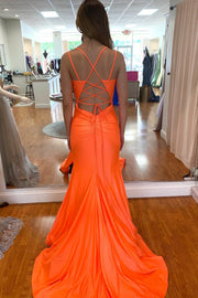 Orange Mermaid High Side Slit Lace-Up Back Long Formal Dress