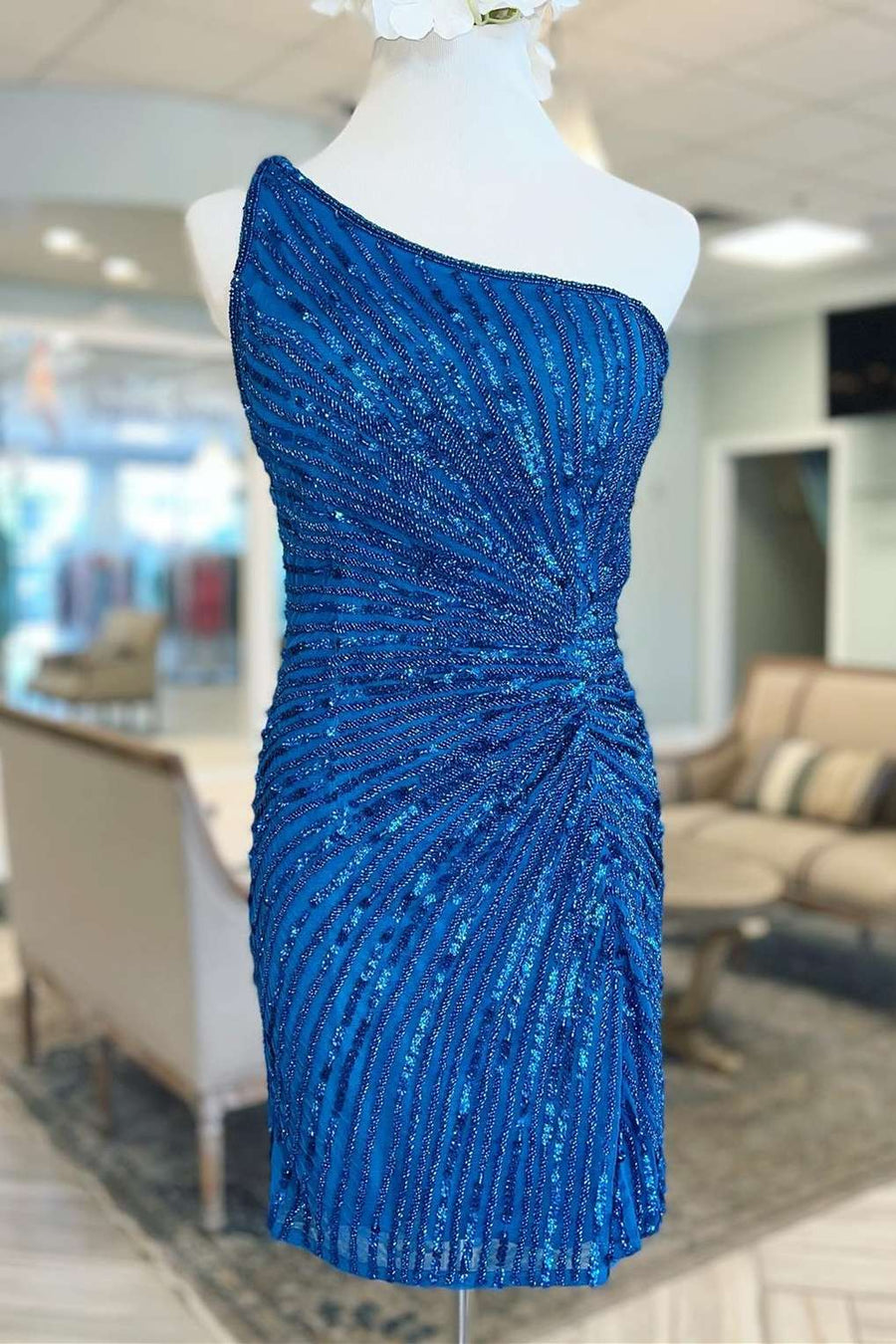 Blue Beaded One-Shoulder Short Cocktail Dress