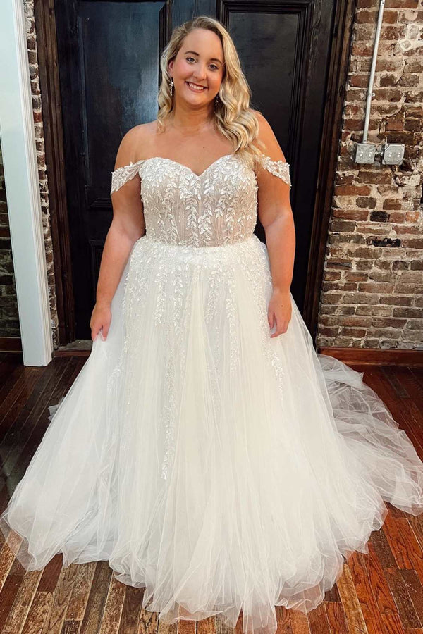 Designer White A-line Off-the-shoulder Wedding Dress With Pearls