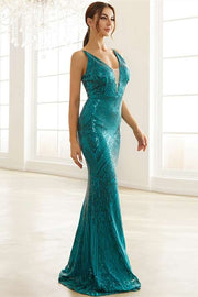Teal Green Sequin Plunge V Mermaid Long Formal Dress
