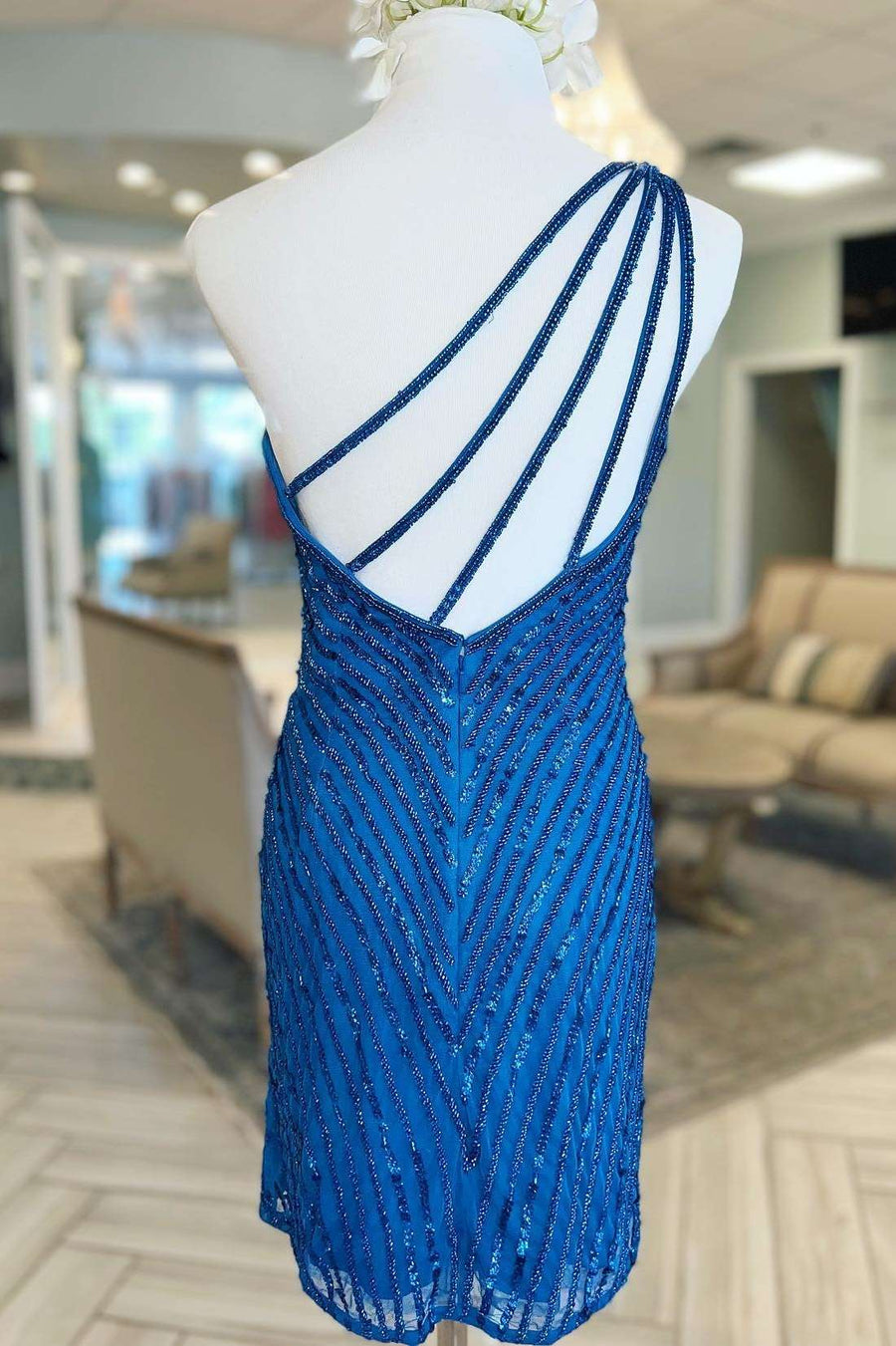 Blue Beaded One-Shoulder Short Cocktail Dress