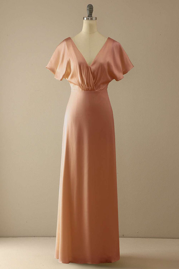 Elegant Champagne V-Neck Ruffled Bridesmaid Dress