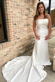 White Strapless Bow Back Mermaid Long Wedding Dress