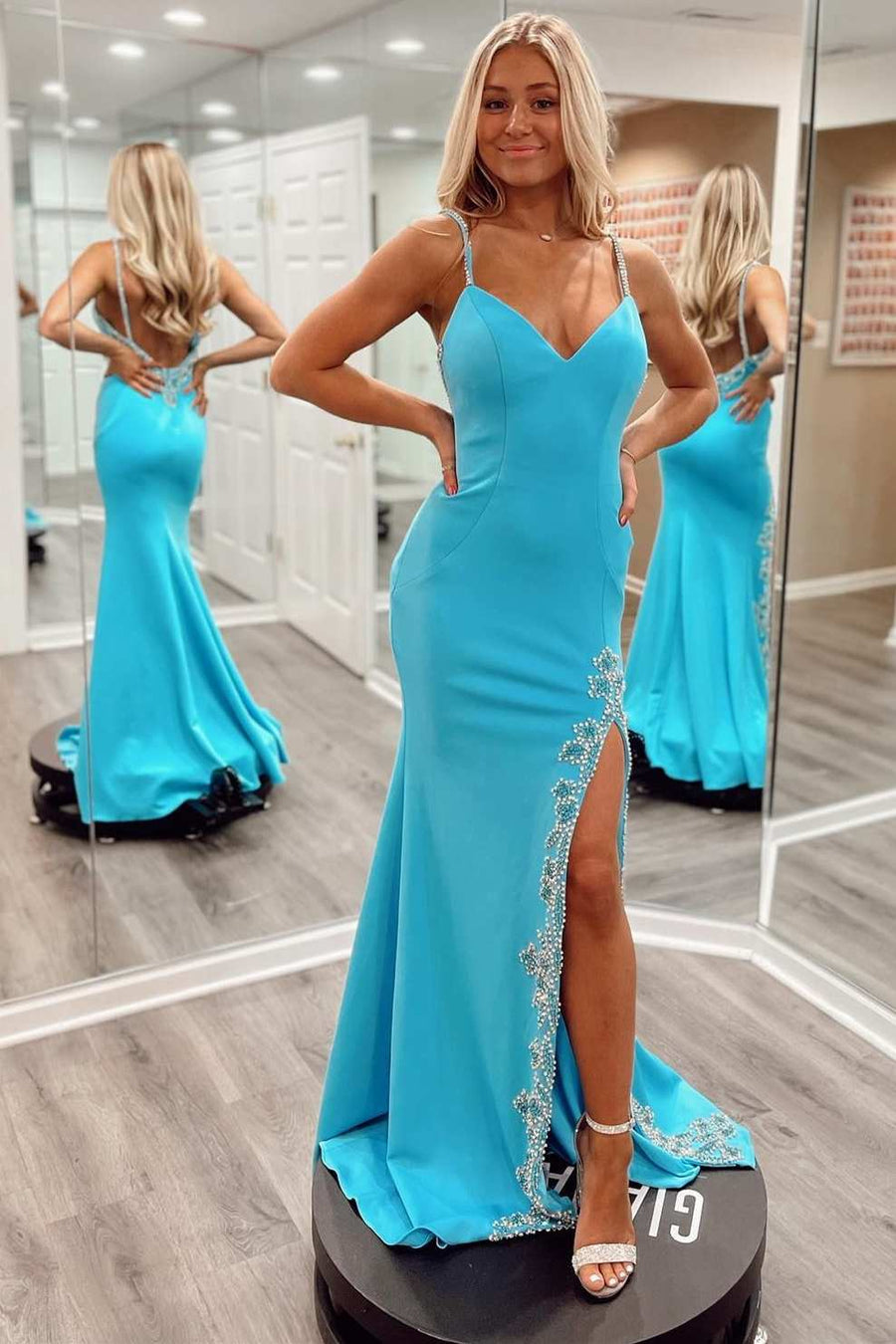 Blue Beaded V-Neck Backless Mermaid Long Prom Dress with Slit