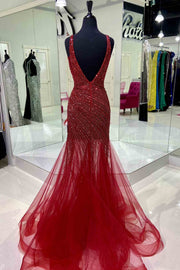 Red Sequin and Tulle Block V-Neck Backless Long Prom Dress