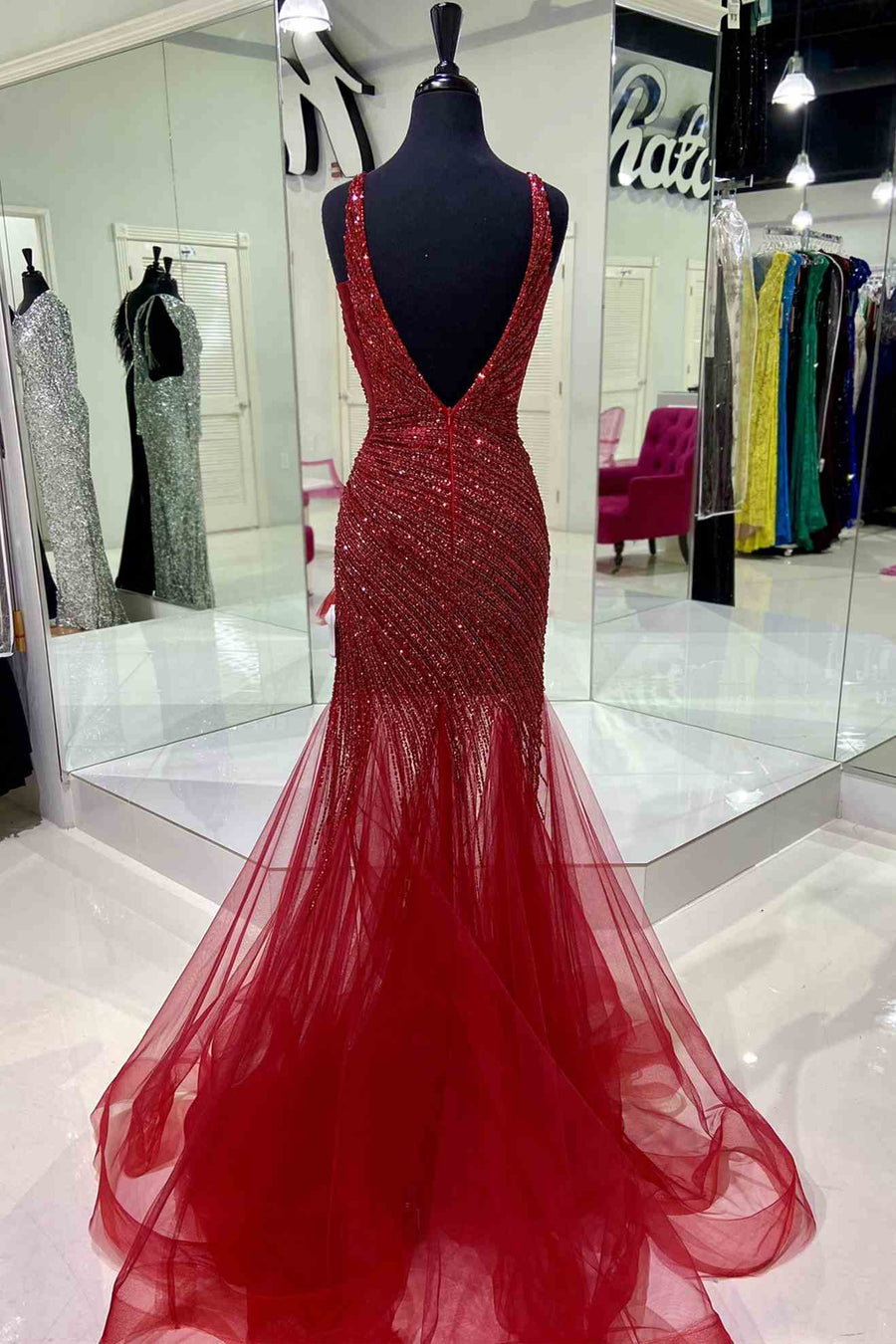 Red Sequin and Tulle Block V-Neck Backless Long Prom Dress