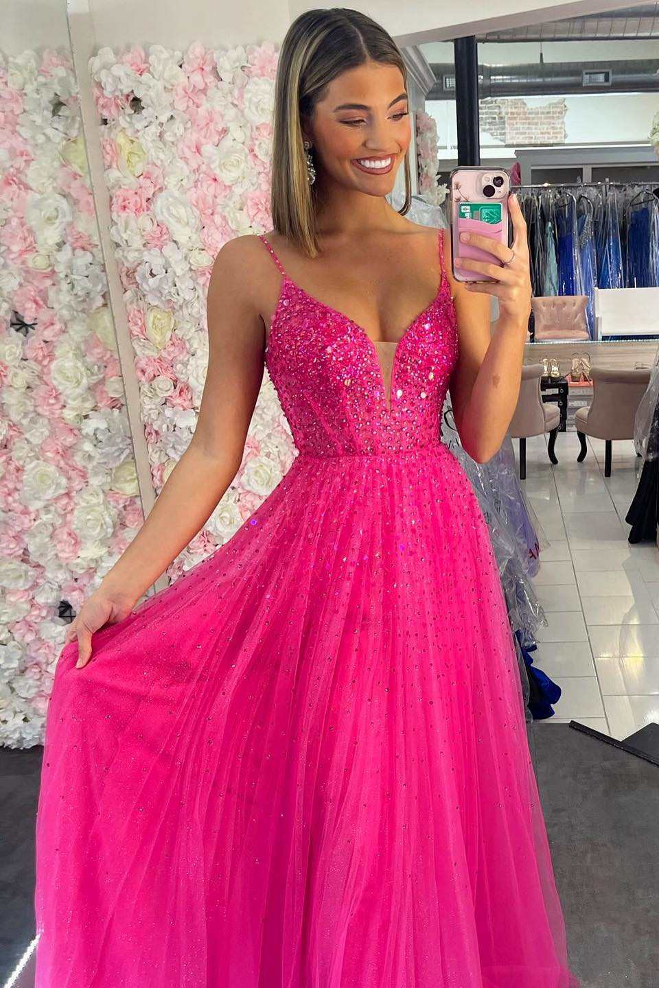 Fuchsia Tulle Beaded V-Neck A-Line Prom Dress