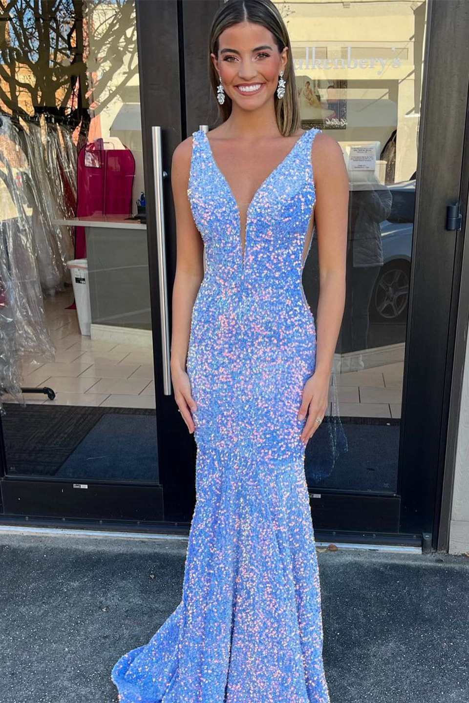 periwinkle mermaid dress Iridescent Sequin Plunge V Long Formal NEW IN Tribal maxi C4D42-A908 Mermaid Fabric Size:15