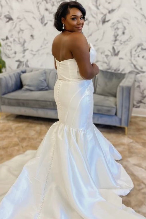 satin strapless trumpet wedding dress Glynn: Sheer Back Embellished Strapless Satin Trumpet Wedding Dress