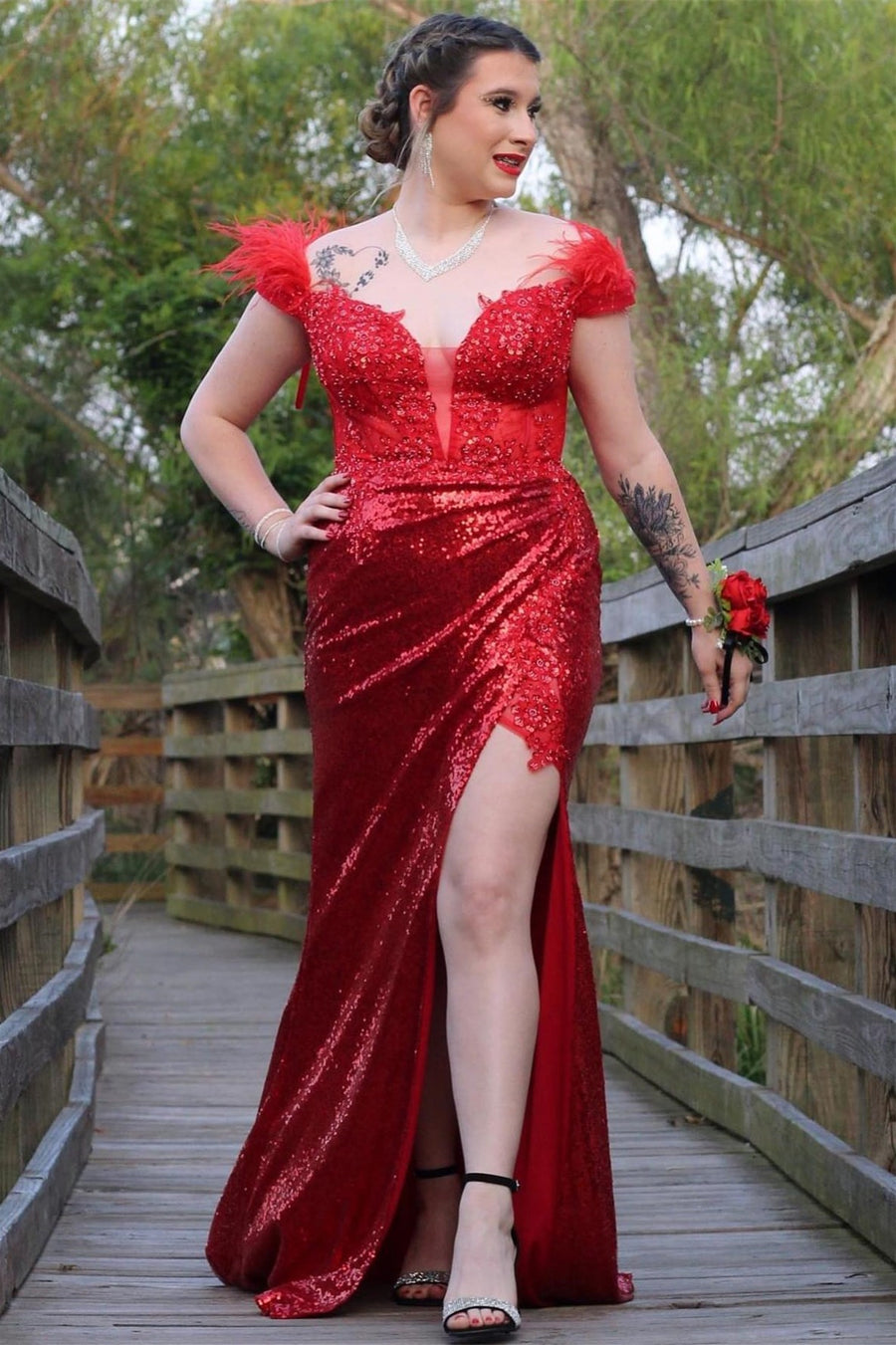 Red Deep V Feathers Sequins Long Prom Dress with Slit
