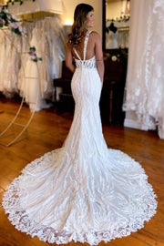White Lace Queen Anne Mermaid Long Wedding Dress with Slit